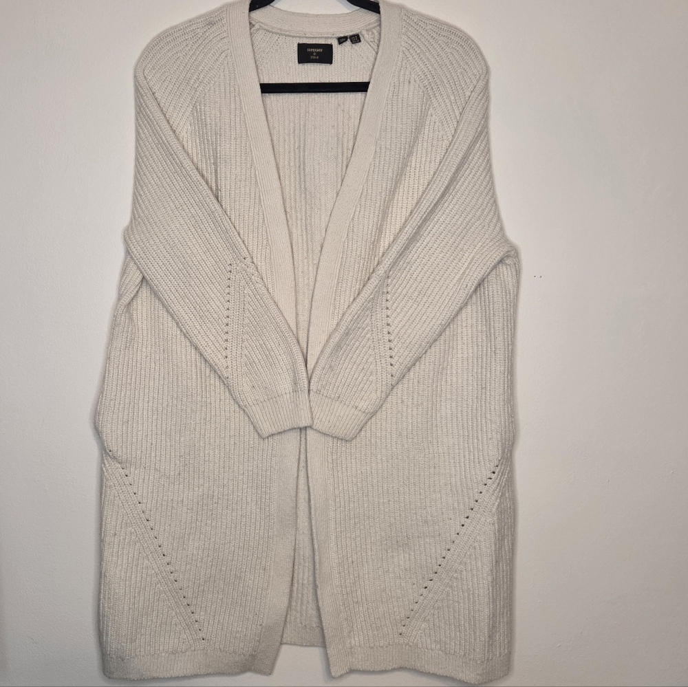 Superdry Cotton Merino Wool Nylon Open-Front Cardigan Size 4 Long Line Sweater